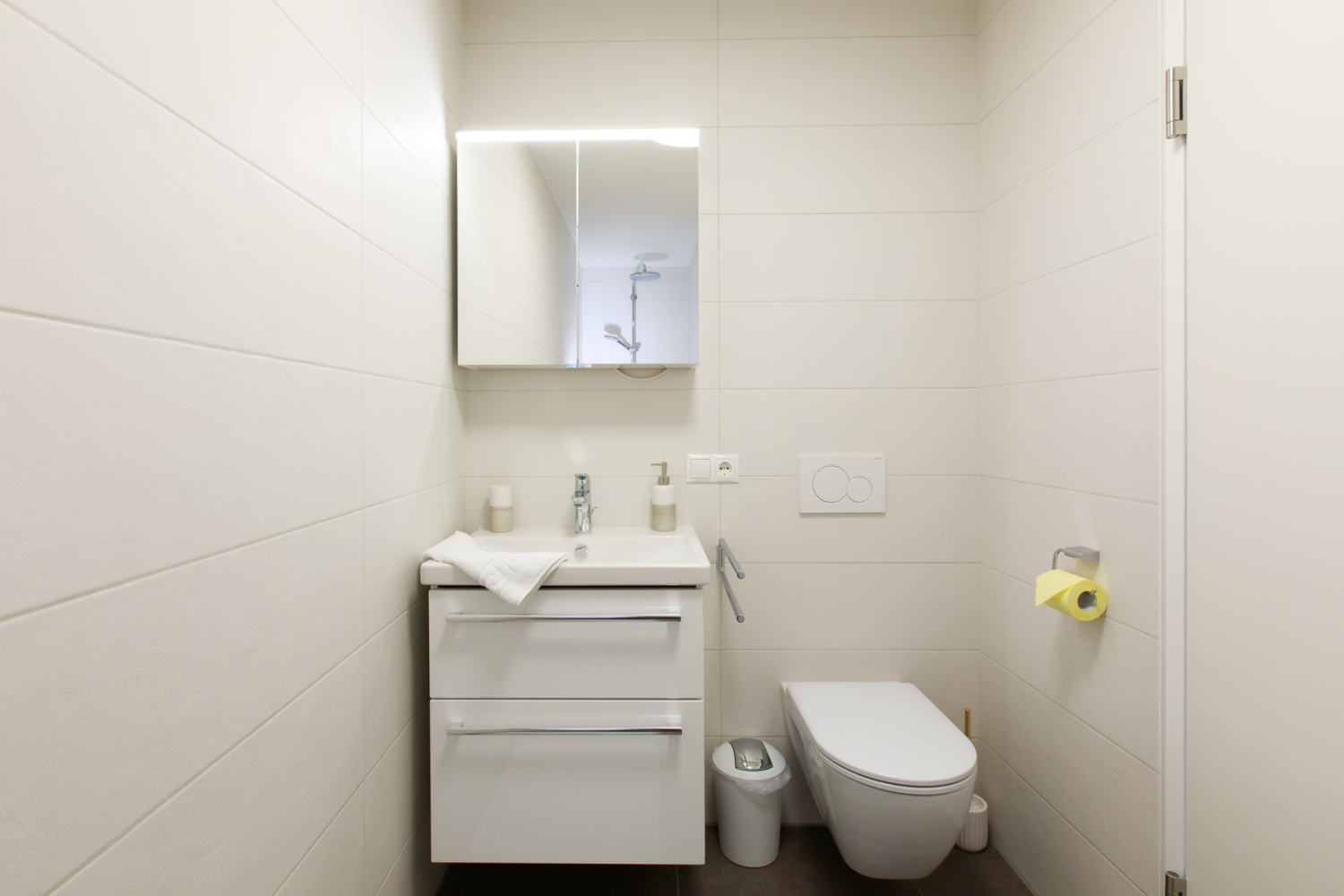 Badezimmer mit Waschtisch, Spiegelschrank und WC in Hard / Top 1