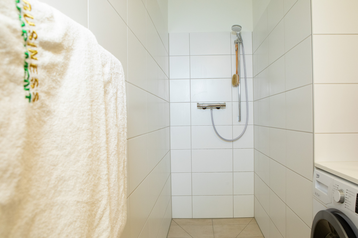 Bad mit Dusche und Waschmaschine im Wohlfühlapartment in Hard